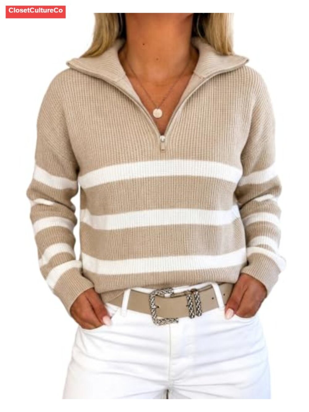 Women's Quarter Zip Striped Knit Sweater Pullover Oversized Fall Casual
